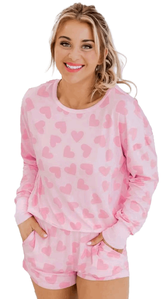 Black Heart Shape Print Long Sleeve Top and Shorts Loungewear Set