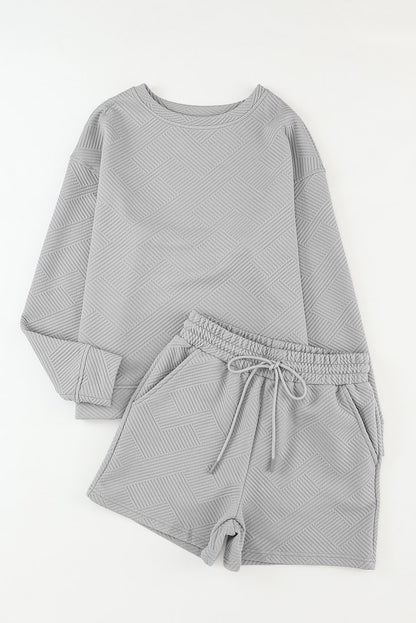 White Textured Long Sleeve Top & Drawstring Shorts Set