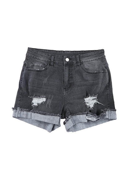 Dark Blue Casual Ripped Rolled Hem Denim Shorts