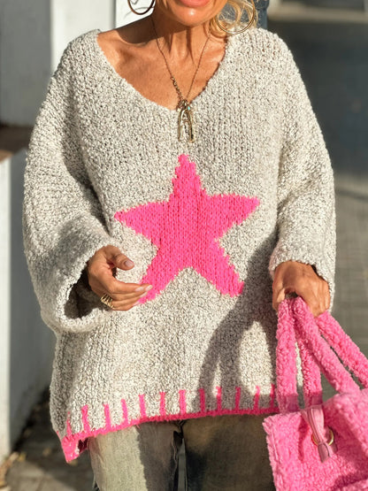 Star V-Neck Long Sleeve Oversize Sweater