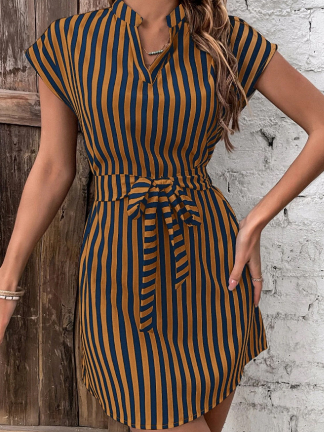 Striped Tie Waist Mini Dress Brown / L Striped Tie Waist Mini Dress Brown / L
