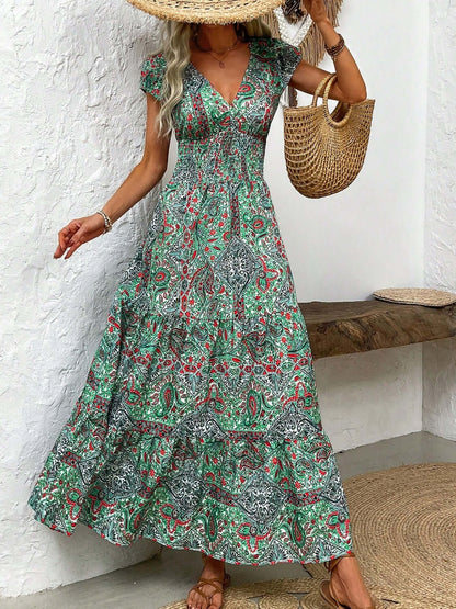 Vestido midi con mangas japonesas y estampado fruncido