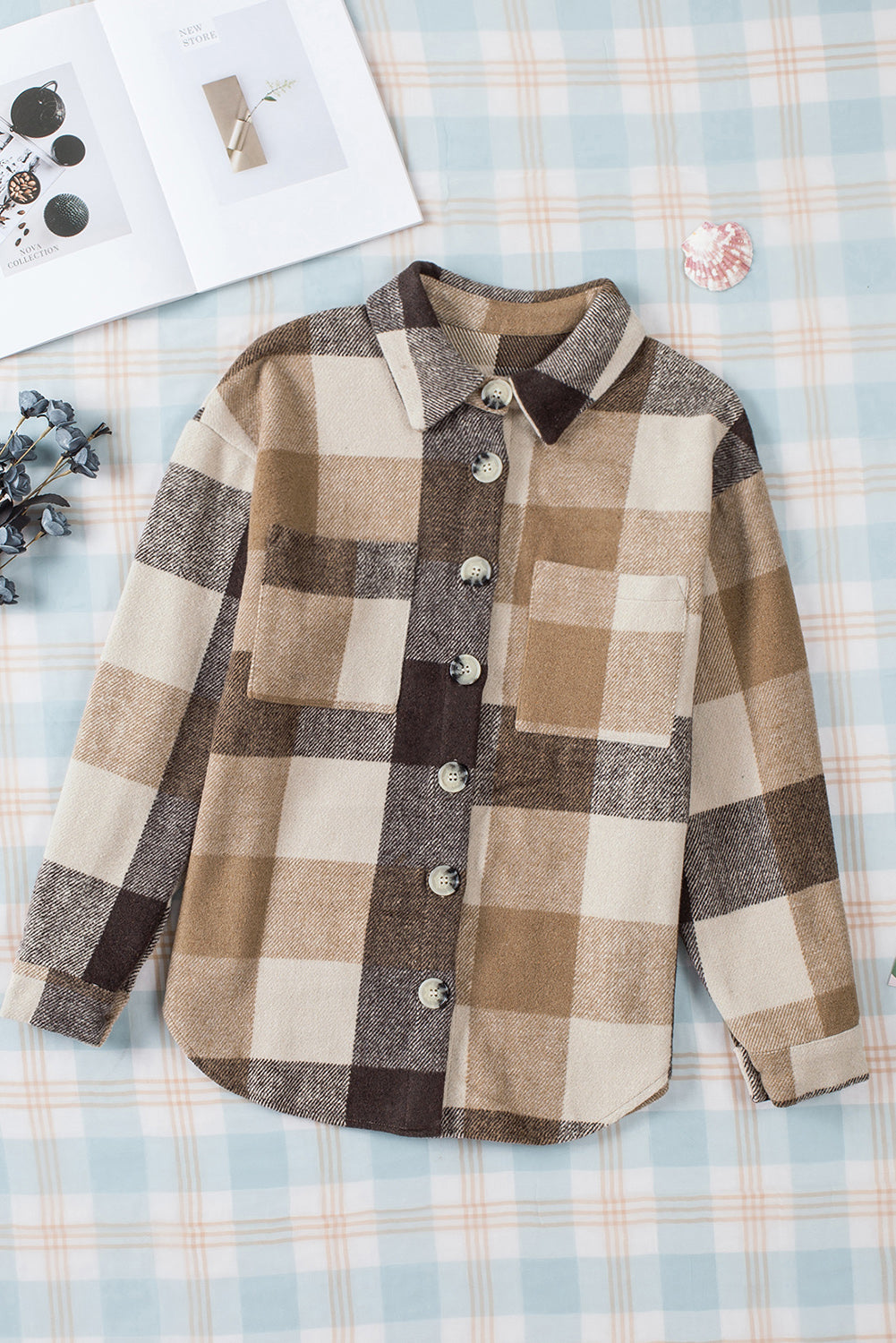 Khaki Plaid Color Block Buttoned Pocketed Shacket