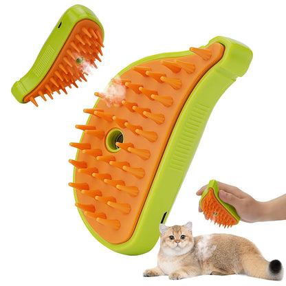 3 In 1 pet steam cleaning brush shown with steam function to remove dirt from cat's fur.