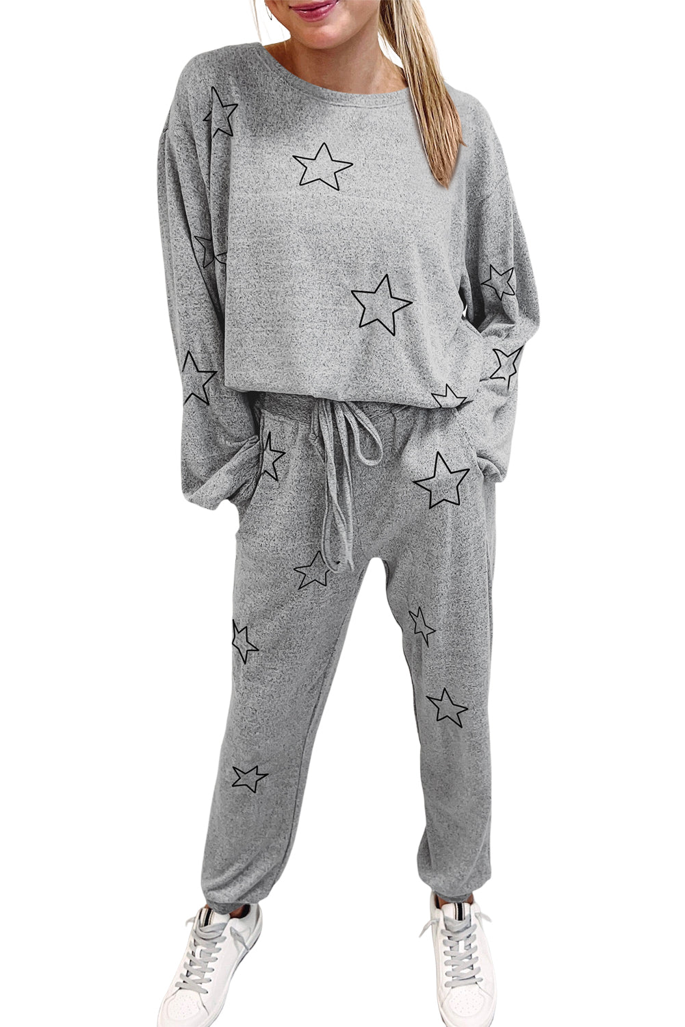 Black Stars Print Long Sleeve Top and Drawstring Pants Set