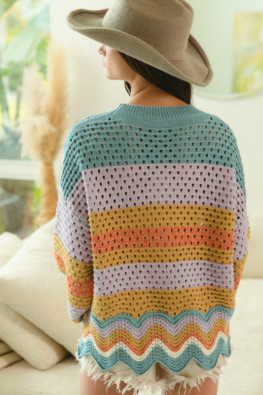 Woman wearing a colorful Wavy Hem Openwork Contrast Round Neck Sweater and a wide-brimmed hat, showcasing a trendy summer look.