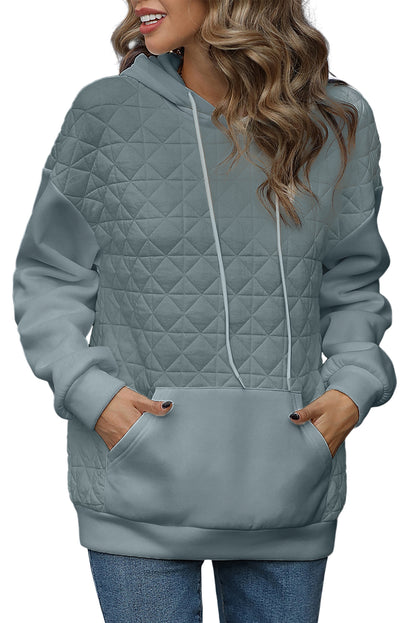 Light Grey Drop Shoulder Kangaroo Pocket Patchwork Quilted Hoodie