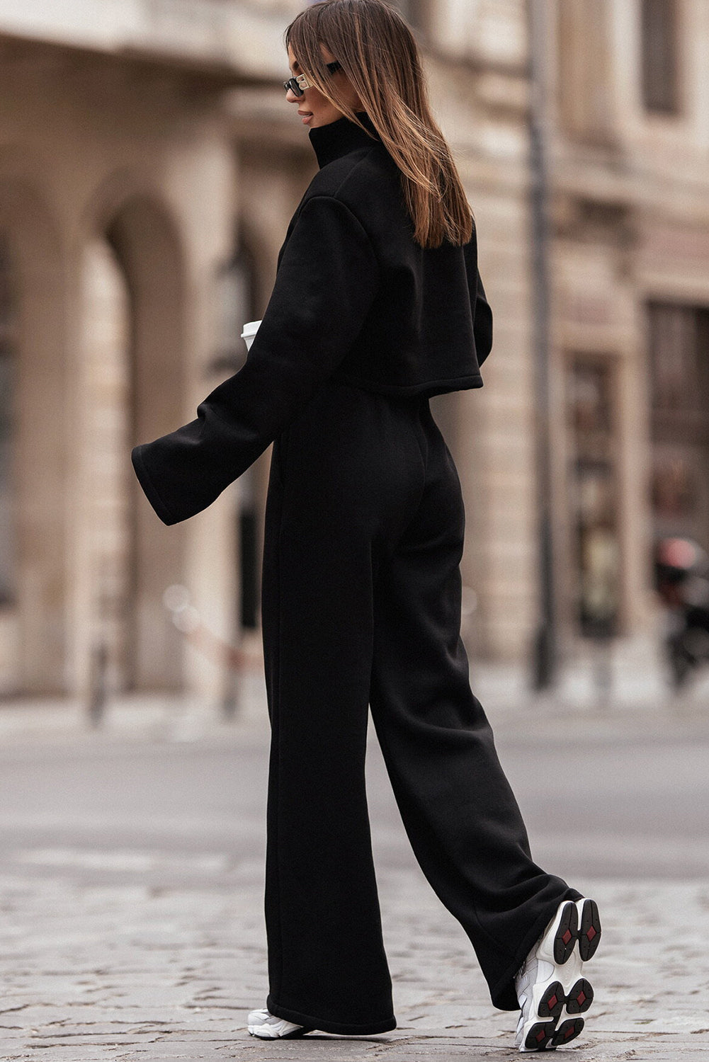 Black Zipped Collared Cropped Top and Wide Leg Pants Set