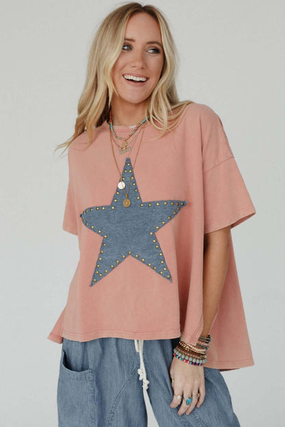 Apricot Pink Studded Star Patch Side Slits High Low Tee