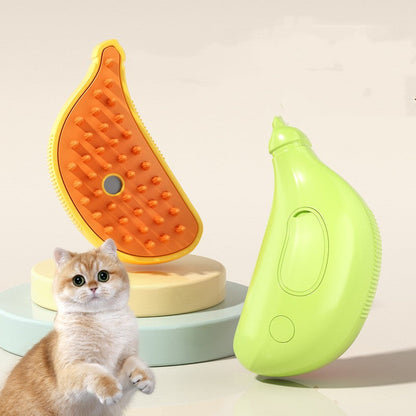 3 In 1 pet steam cleaning brush with unique design, featuring a cat enjoying the grooming experience.