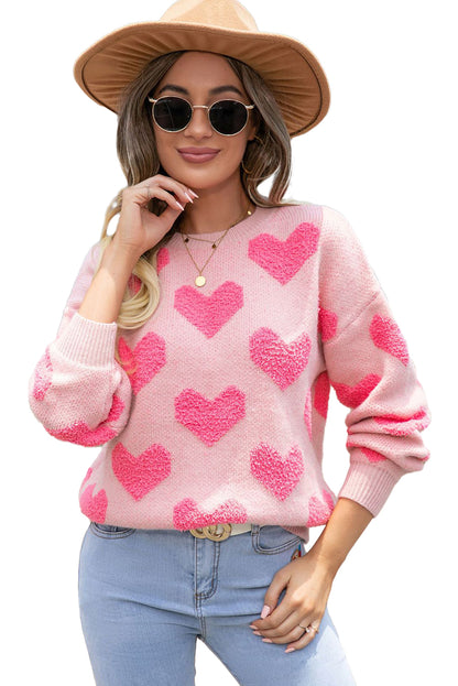 Suéter de punto jacquard con corazón de San Valentín rosa claro