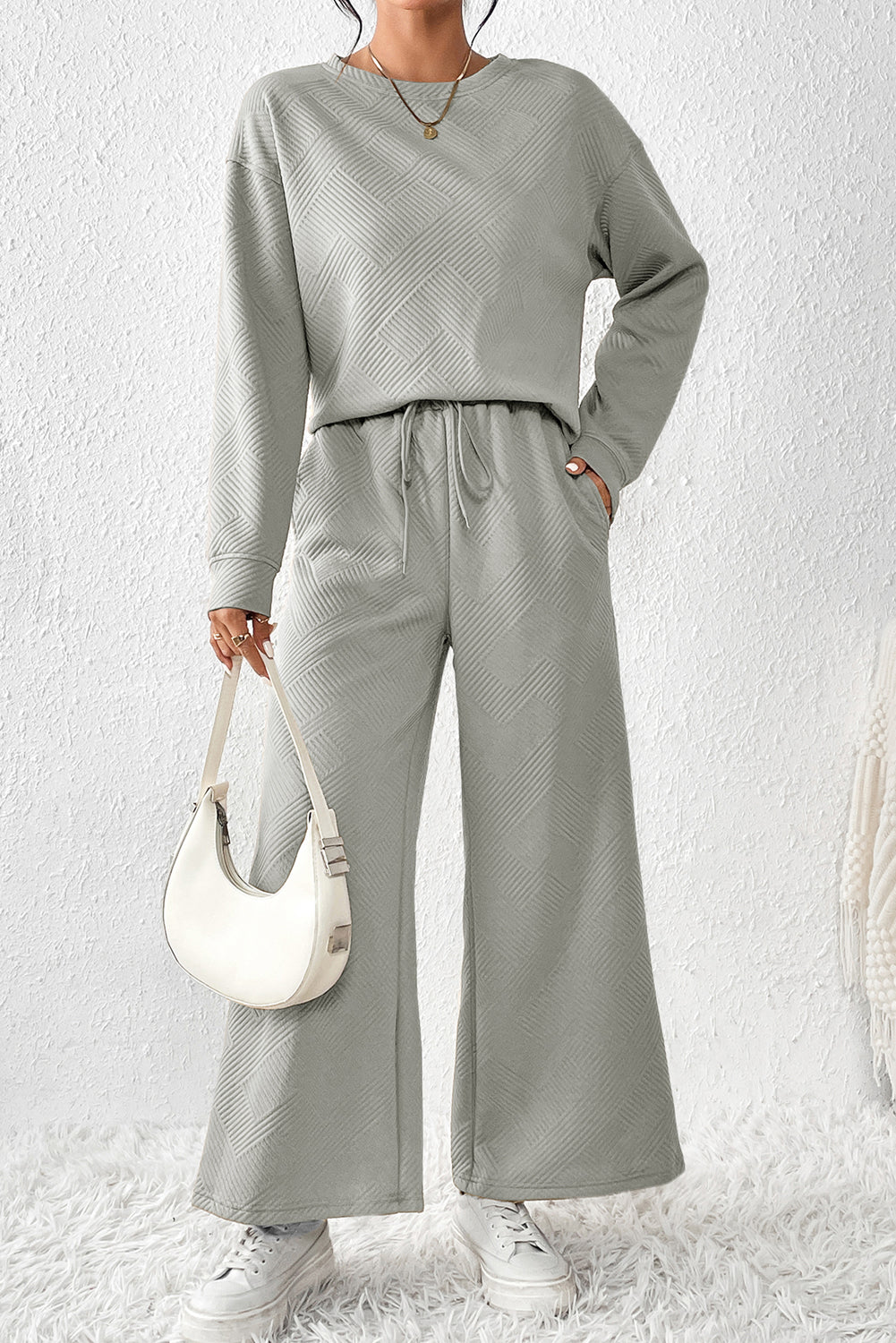 Conjunto de pantalón y top de manga larga holgado y holgado con textura gris