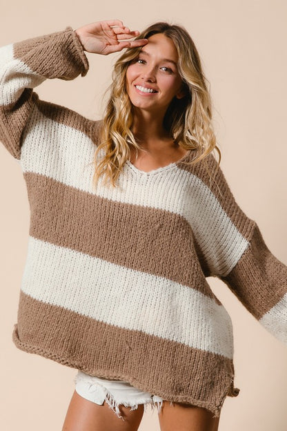 Stylish woman wearing a BiBi Slit Striped V-Neck Dropped Shoulder Sweater in brown and cream, perfect for any casual occasion.