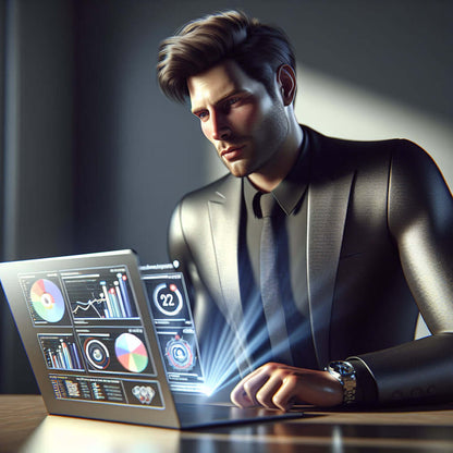 Businessman analyzing data with futuristic laptop graphics in a modern office setting.