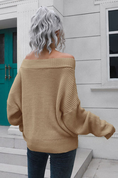 Off-Shoulder Ribbed Long Sleeve Pullover Sweater