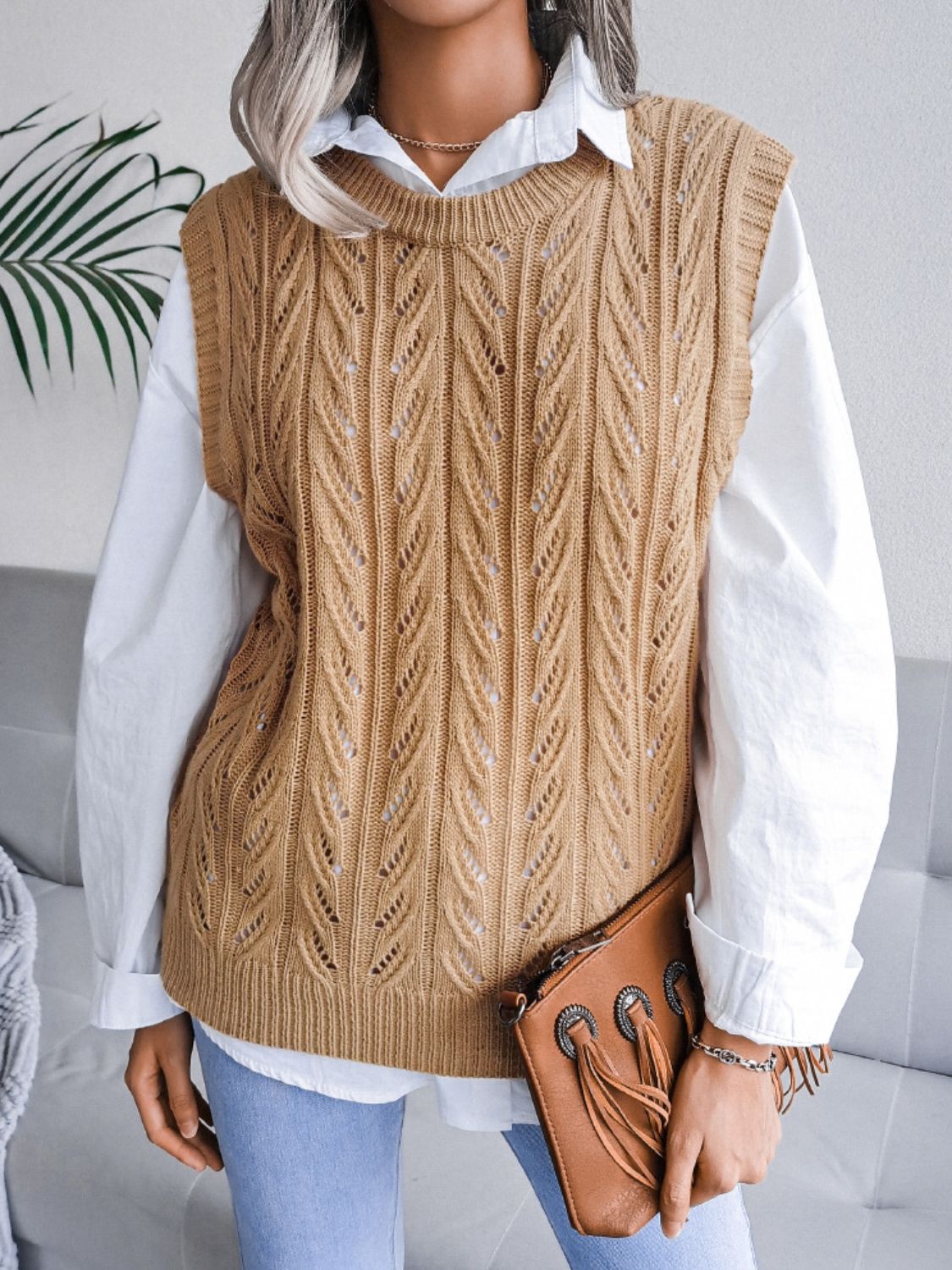 Round Neck Openwork Capped Sleeve Sweater Vest