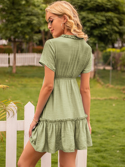 Frill V-Neck Short Sleeve Ruffle Hem Dress