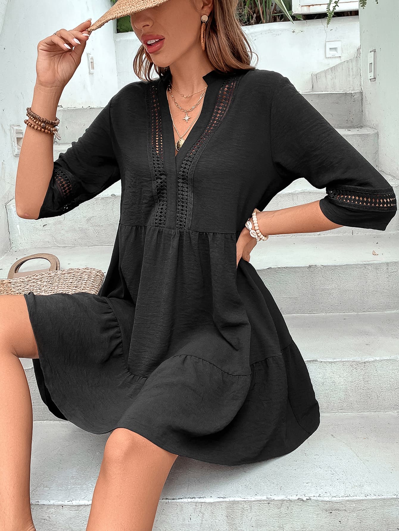 Notched Neck Half Sleeve Dress