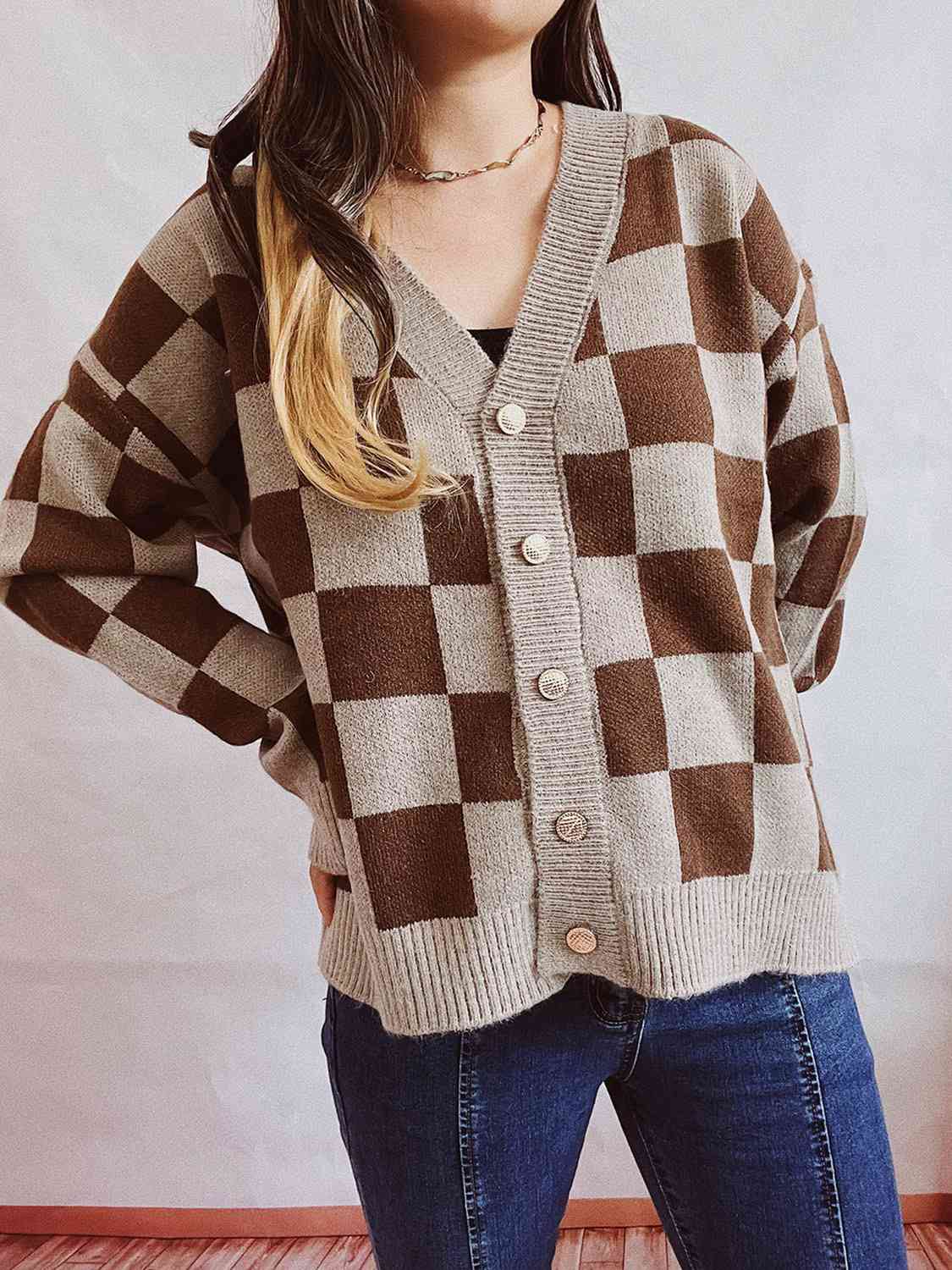 Checkered Open Front Button Up Cardigan