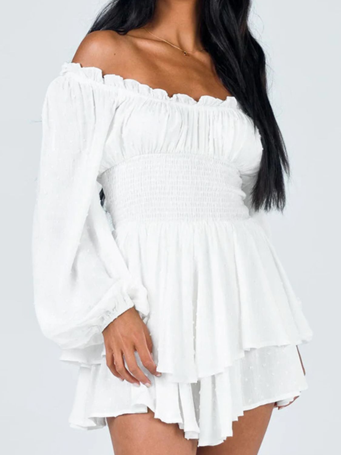 Off Shoulder Smocked Waist Mini Dress