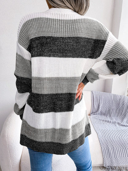 Striped Rib-Knit Open Front Longline Cardigan