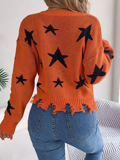 Star Pattern Distressed V-Neck Cropped Sweater