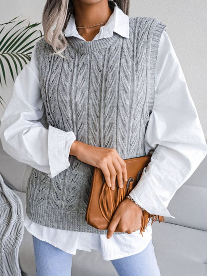 Round Neck Openwork Capped Sleeve Sweater Vest