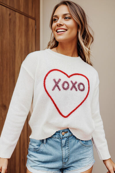 XOXO Suéter con hombros caídos y cuello redondo con forma de corazón