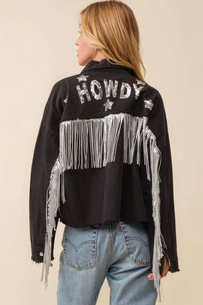 Chaqueta Howdy con flecos de lentejuelas y parches de estrellas