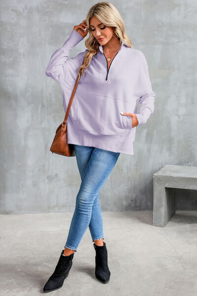 Half Zip Pocketed Dropped Shoulder Sweatshirt