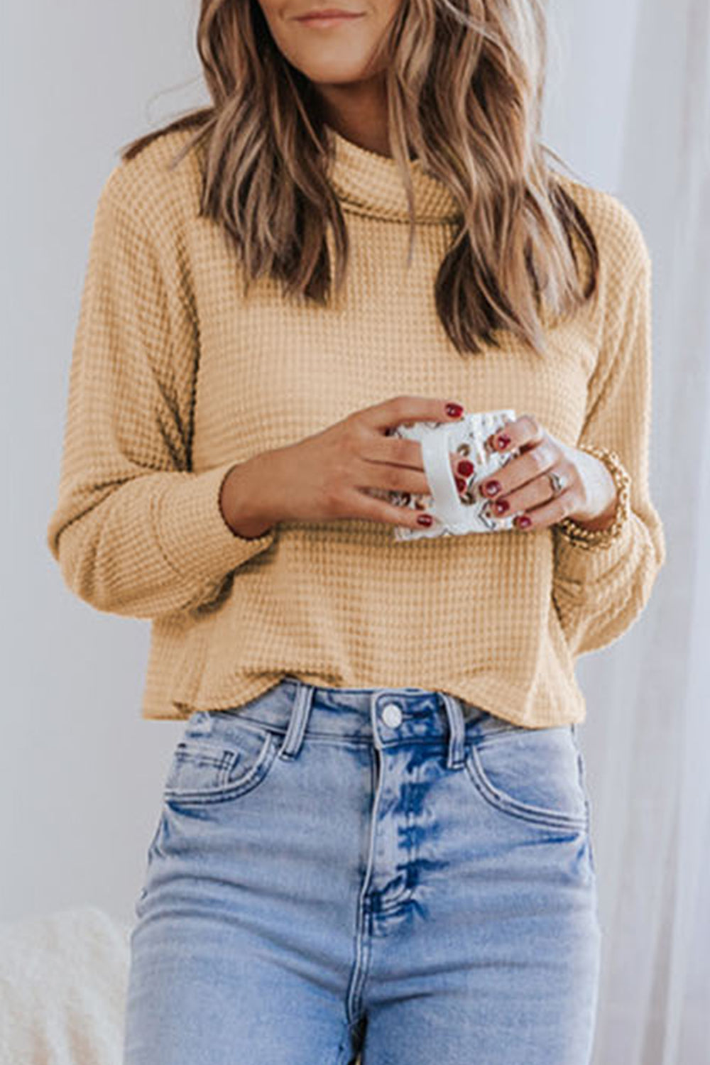 Waffle-Knit High Neck Top