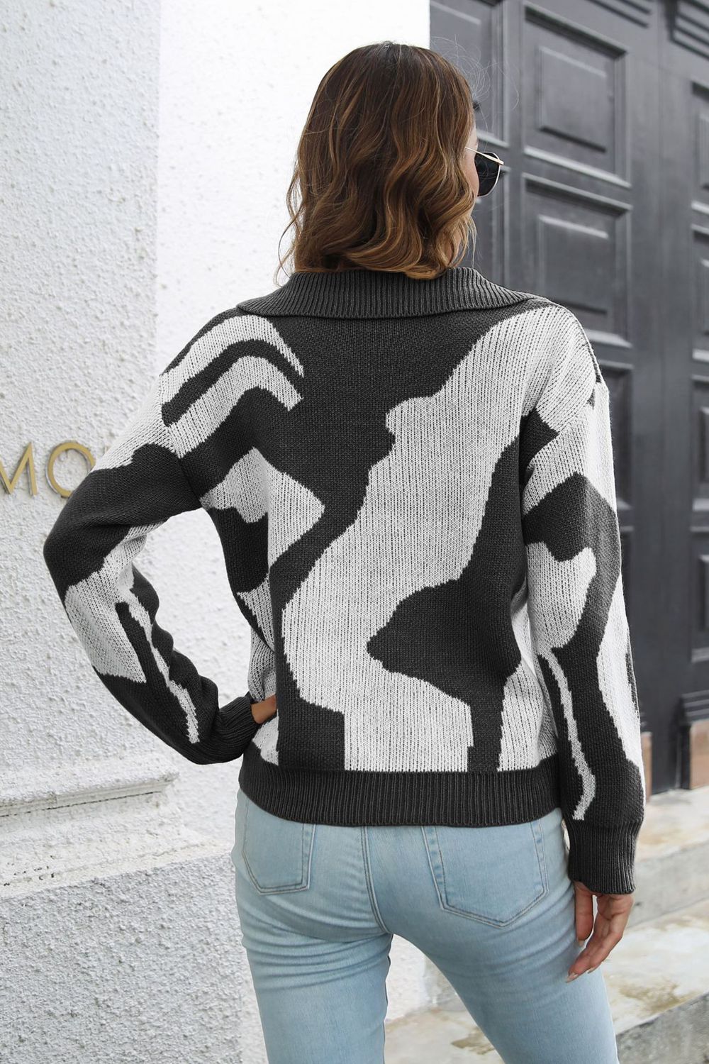 Two-Tone Johnny Collar Dropped Shoulder Pullover Sweater