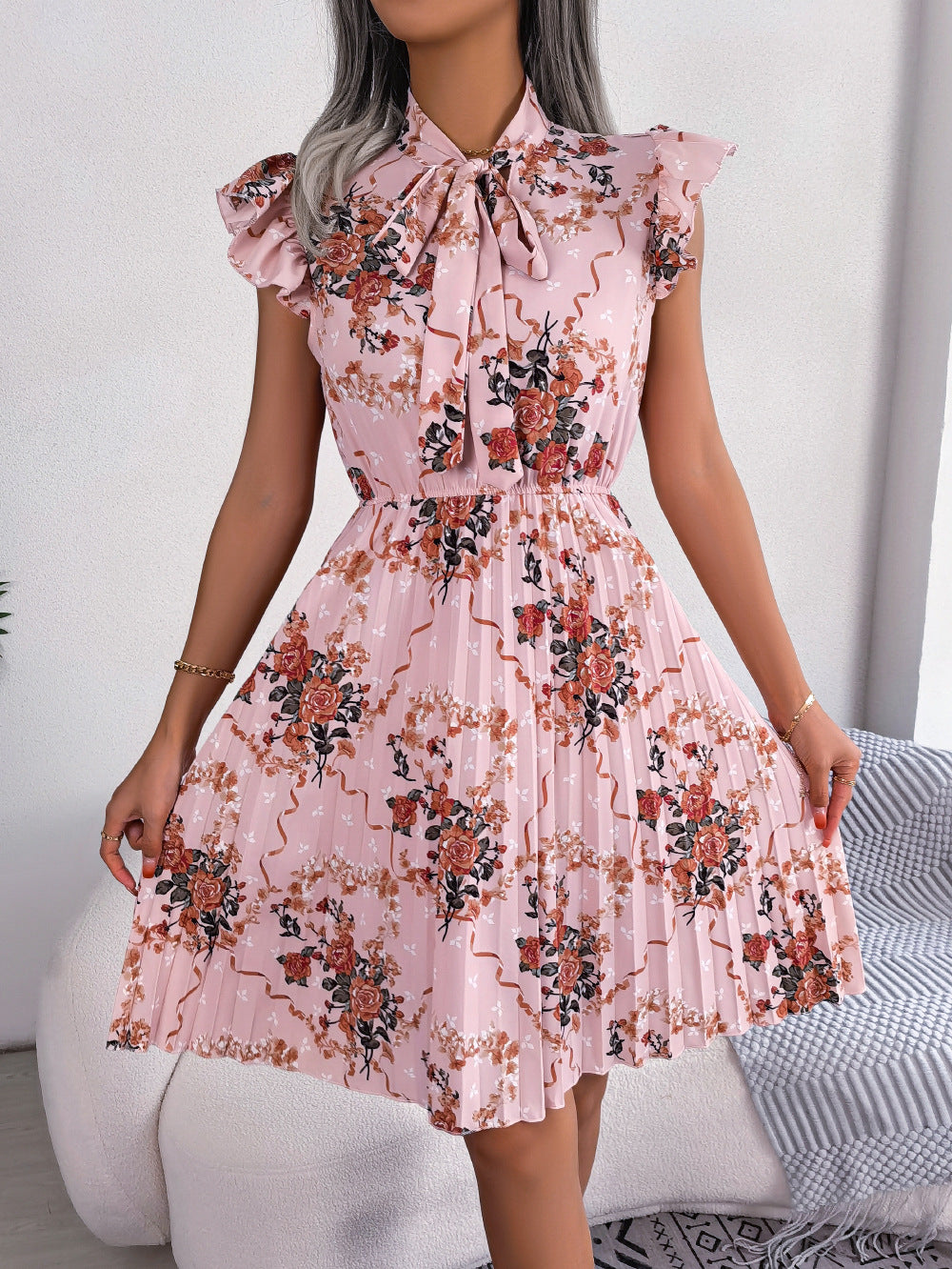 Pleated Floral Printed Tie Neck Knee Length Dress Teal / M Pleated Floral Printed Tie Neck Knee Length Dress Teal / M