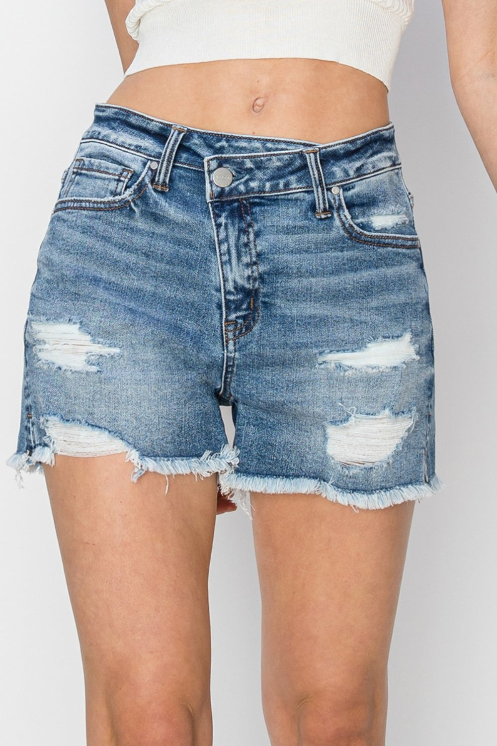 RISEN Stepped Waist Frayed Denim Shorts